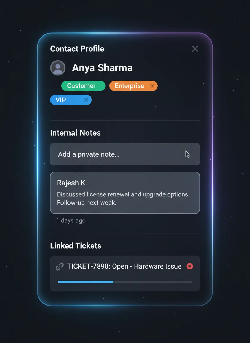 Contextual sidebar with notes and tickets
