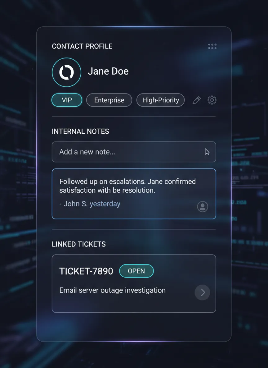 Contextual sidebar with notes and tickets